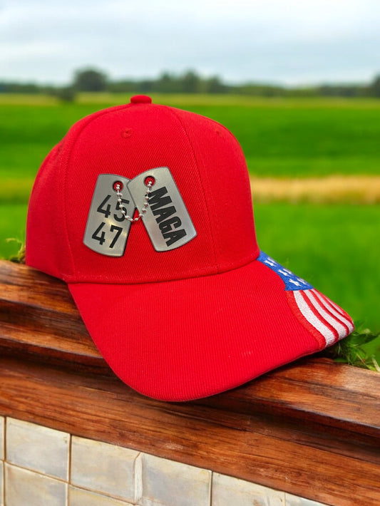 MAGA 45-47 Dog Tags Hat with American Flag Embroidered Bill