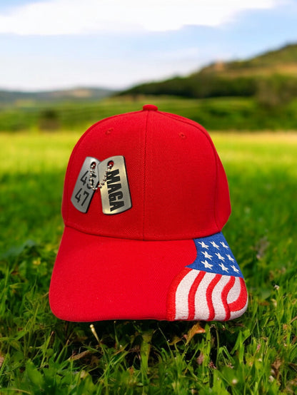MAGA 45-47 Dog Tags Hat with American Flag Embroidered Bill